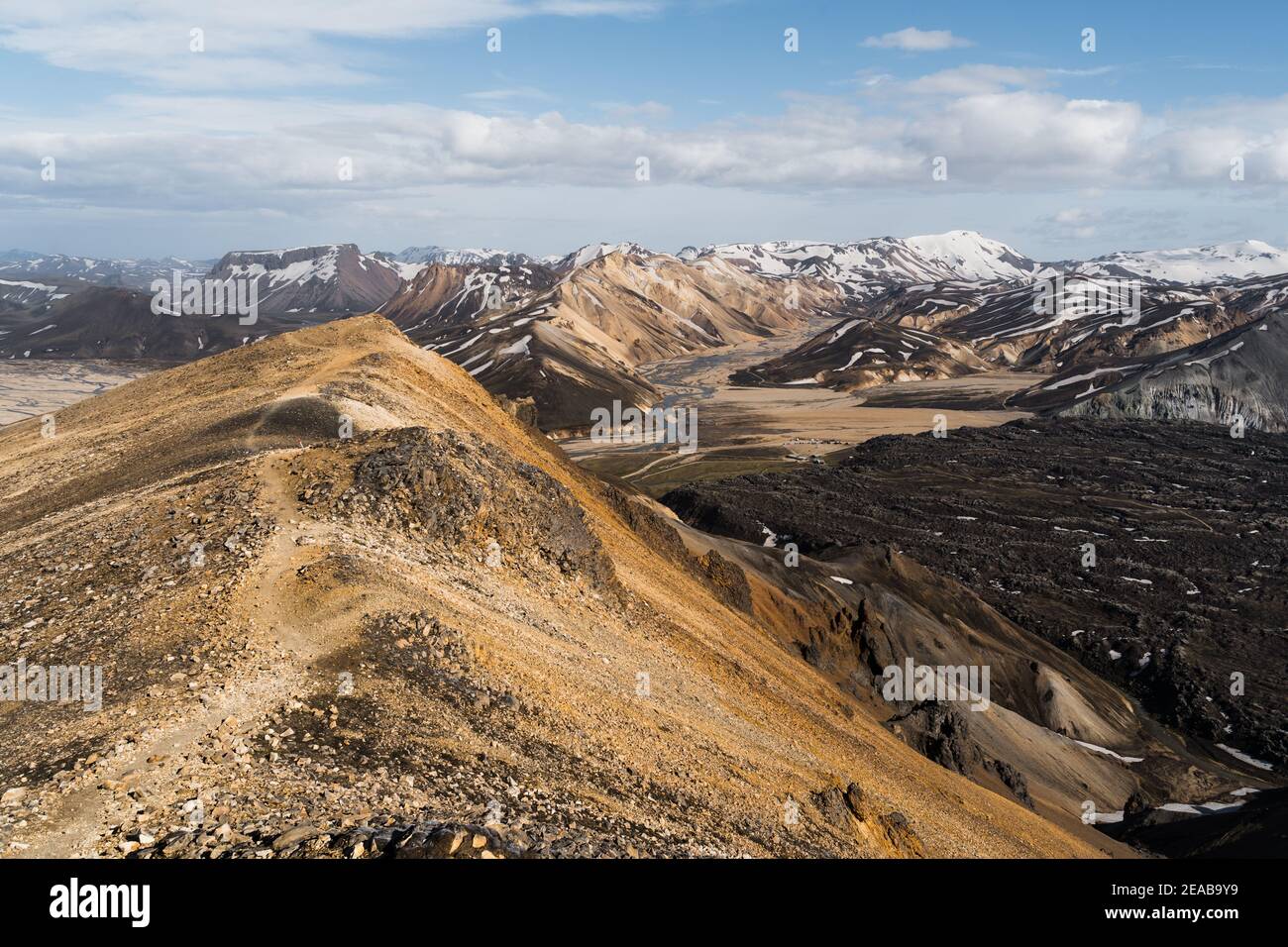 Islanda, Suðurland, Landmannalaugar, montagna, Escursionismo, neve, colori, Cenere, Vulcano, Hekla, sabbia Foto Stock