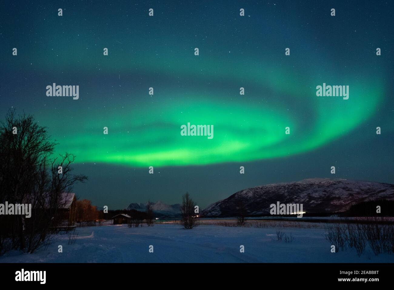 Norvegia, Nord-Norge, Storslt, Inverno, montagna, picchi, Notte, Aurora, aurora Nord, fiordo Foto Stock