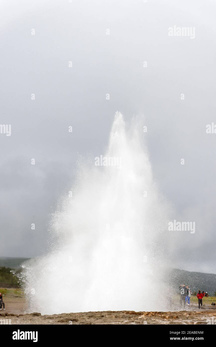 Strokkur, Strokkur Geyser, parte dell'anello d'Oro nella valle dell'acqua calda Haukadalur, Geyser Strokkur, Islanda del Sud Foto Stock