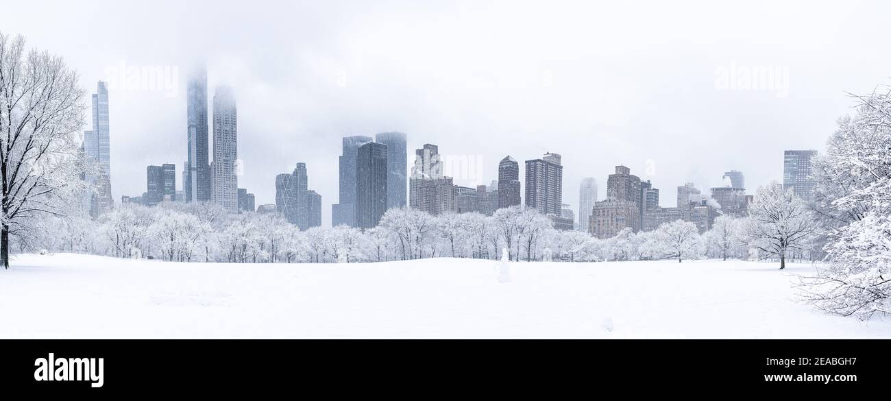 Vista panoramica di un Central Park coperto di neve con lo skyline di New York City sullo sfondo. Foto Stock