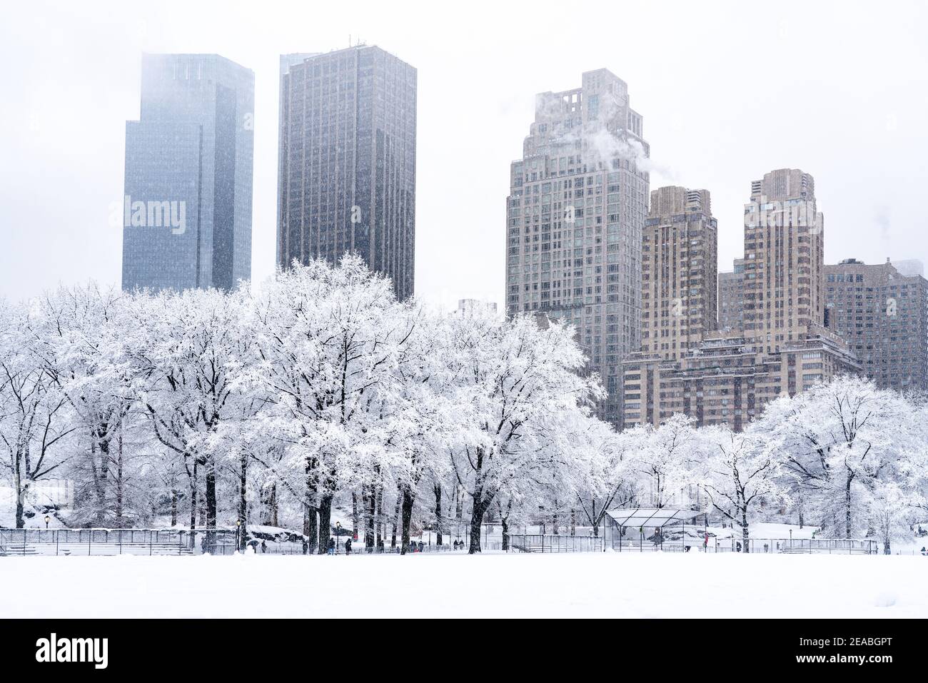 Splendida vista dello skyline di New York City da Central Park durante una tempesta di neve dal campo da baseball. Foto Stock