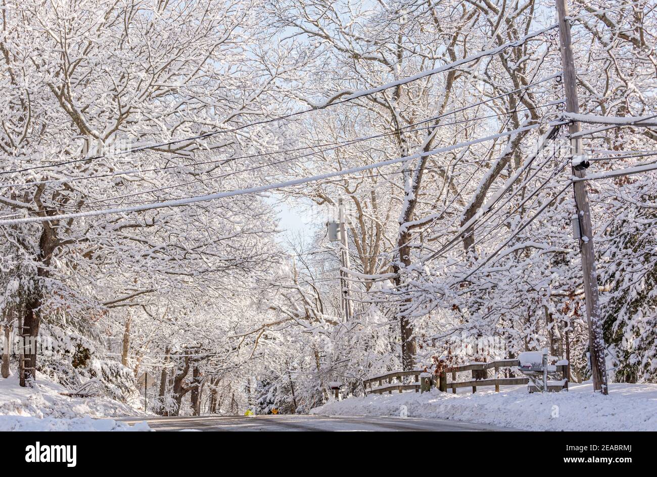 Paesaggio innevato a Sag Harbour, NY Foto Stock