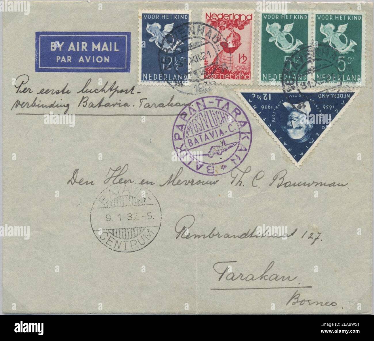 I Paesi Bassi coprono il 1936-12-13 's-Gravenhage-Batavia-Tarakan. Foto Stock