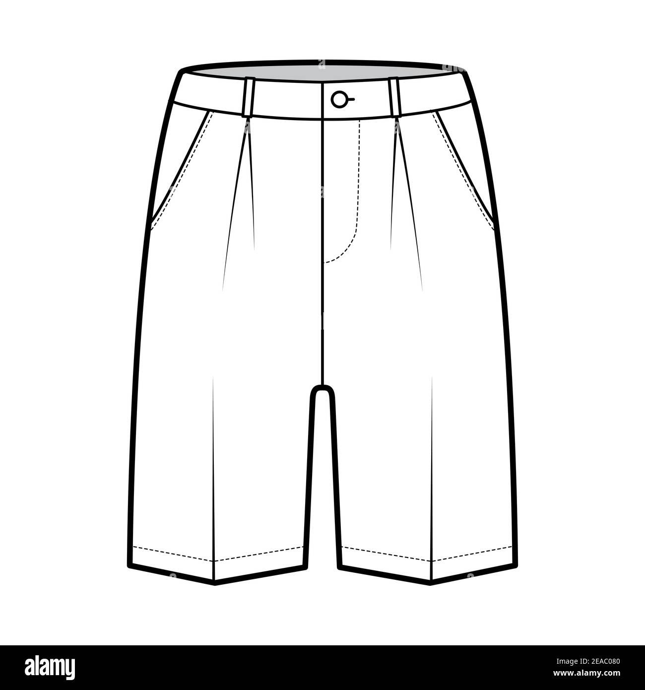Pantaloni Bermuda corti abito illustrazione tecnica moda con lunghezza sopra  il ginocchio, pezza singola, vita normale, alto aumento. Parte anteriore  inferiore piatta, colore bianco. Donne, uomini CAD mockup Immagine e  Vettoriale -