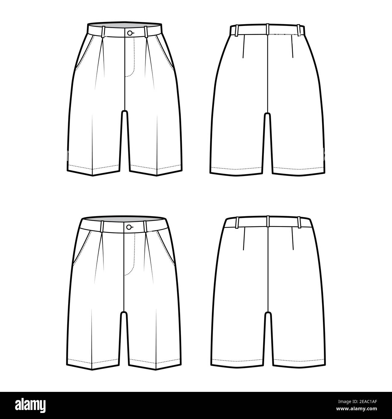 Set di pantaloncini Bermuda abito tecnica illustrazione moda con lunghezza  sopra il ginocchio, pezza singola, vita bassa, aumento, tasca con taglio.  Parte anteriore, posteriore, fondo piatto, colore bianco. Donne, uomini CAD  mockup
