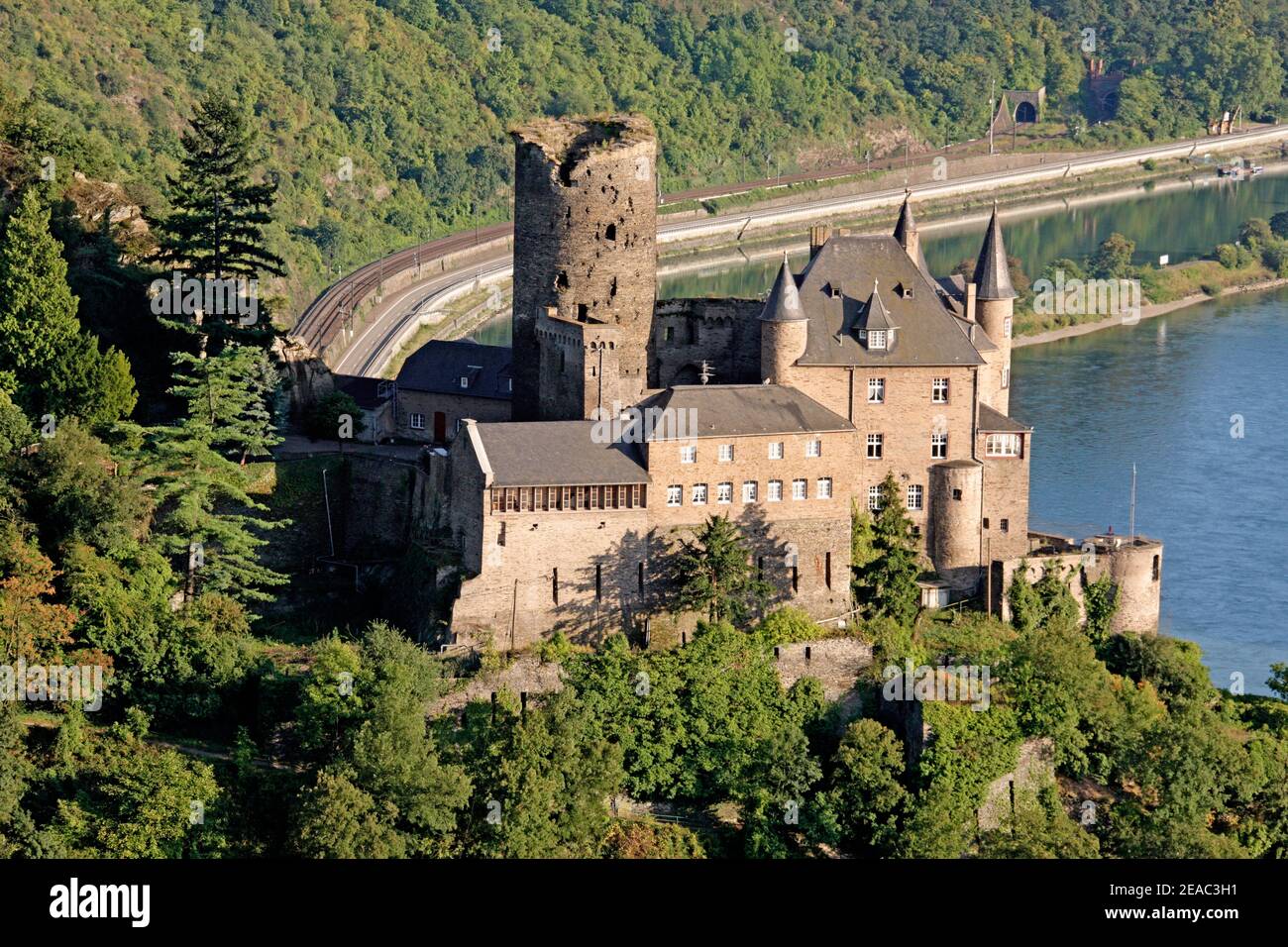 Castello di Neukatzenelnbogen nei pressi di Sankt Goarshausen am Rhein, costruito nel 14 ° secolo dal conte Wilhelm von Katzenelnbogen, Renania-Palatinato, Germania Foto Stock