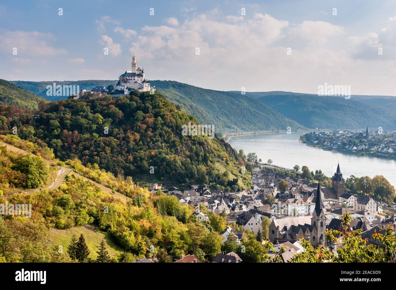 Germania, Marksburg, Braubach, cono ardesia, Medioevo, castello a pedaggio, convenzione dell'Aia, castello collinare, Foto Stock