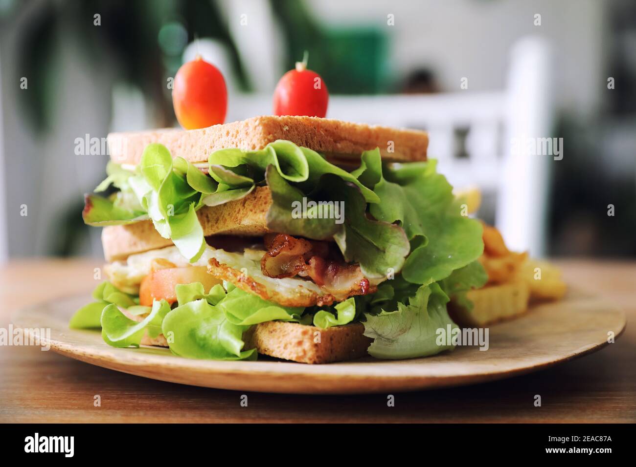 Club sandwich con prosciutto, pancetta, pomodoro, formaggio, uova e fritto su sfondo di legno Foto Stock