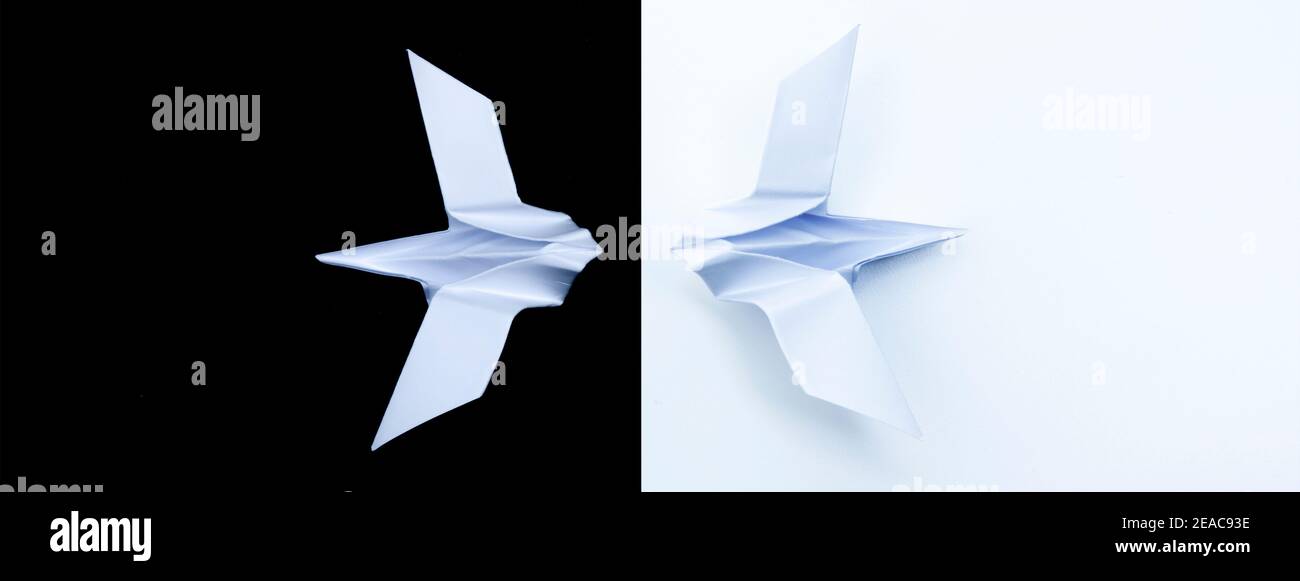 Uccelli di carta Origami su sfondo bianco e nero Foto Stock