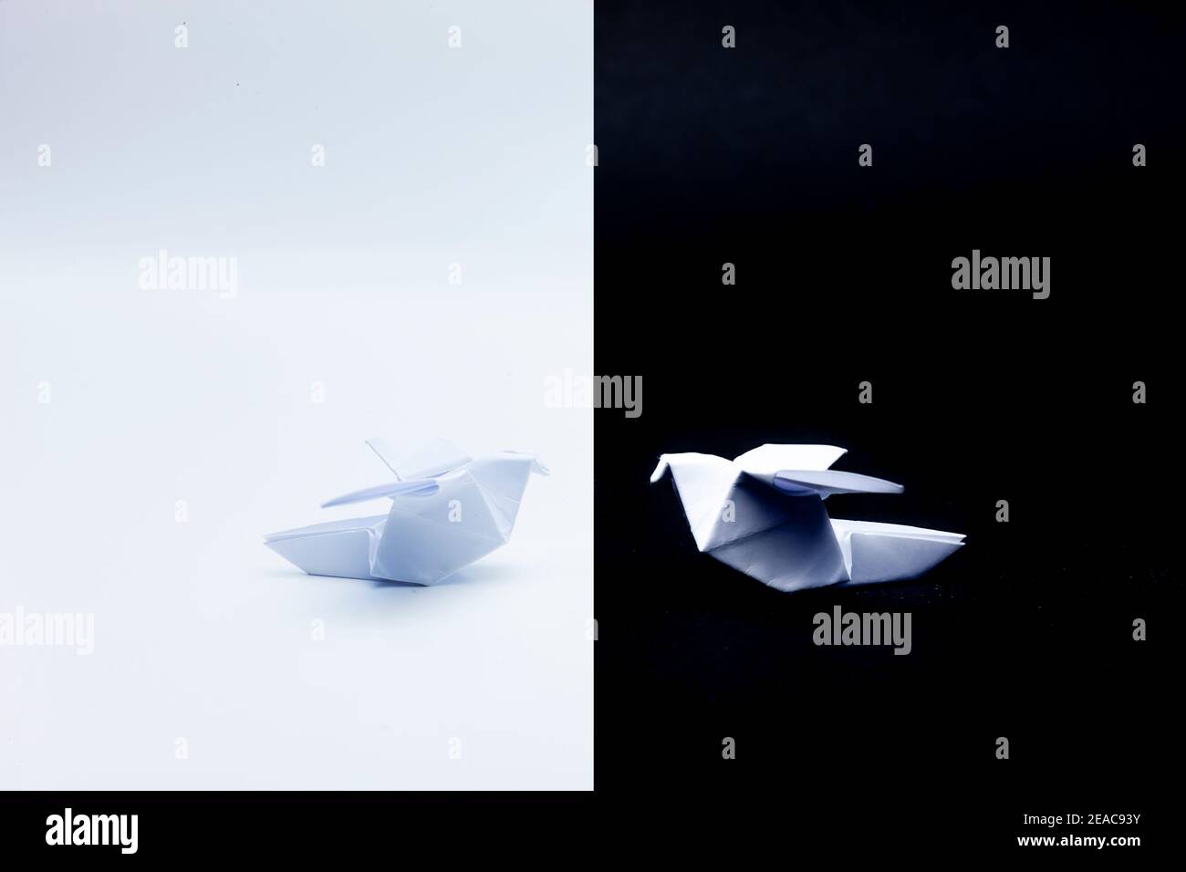 Uccelli di carta Origami su sfondo bianco e nero Foto Stock