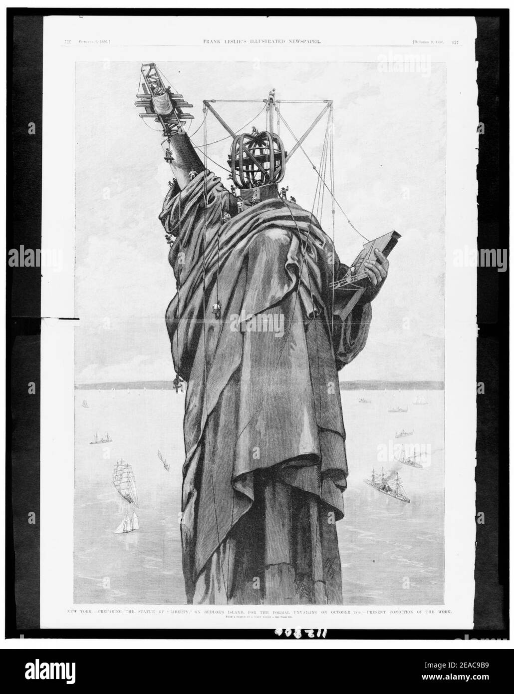 New York - preparazione della Statua della libertà sull'isola di Bedloe, per lo sic (formale) il 28 ottobre - condizione attuale dell'opera - da un disegno di un artista dello staff. Foto Stock