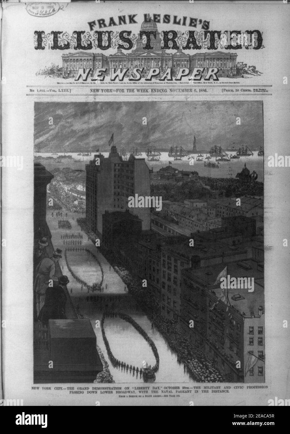 New York City - la grande manifestazione del ''Liberty Day'', il 28 ottobre - la processione militare e civica che passa per Lower Broadway, con la parata navale in lontananza (occhio di uccello Foto Stock