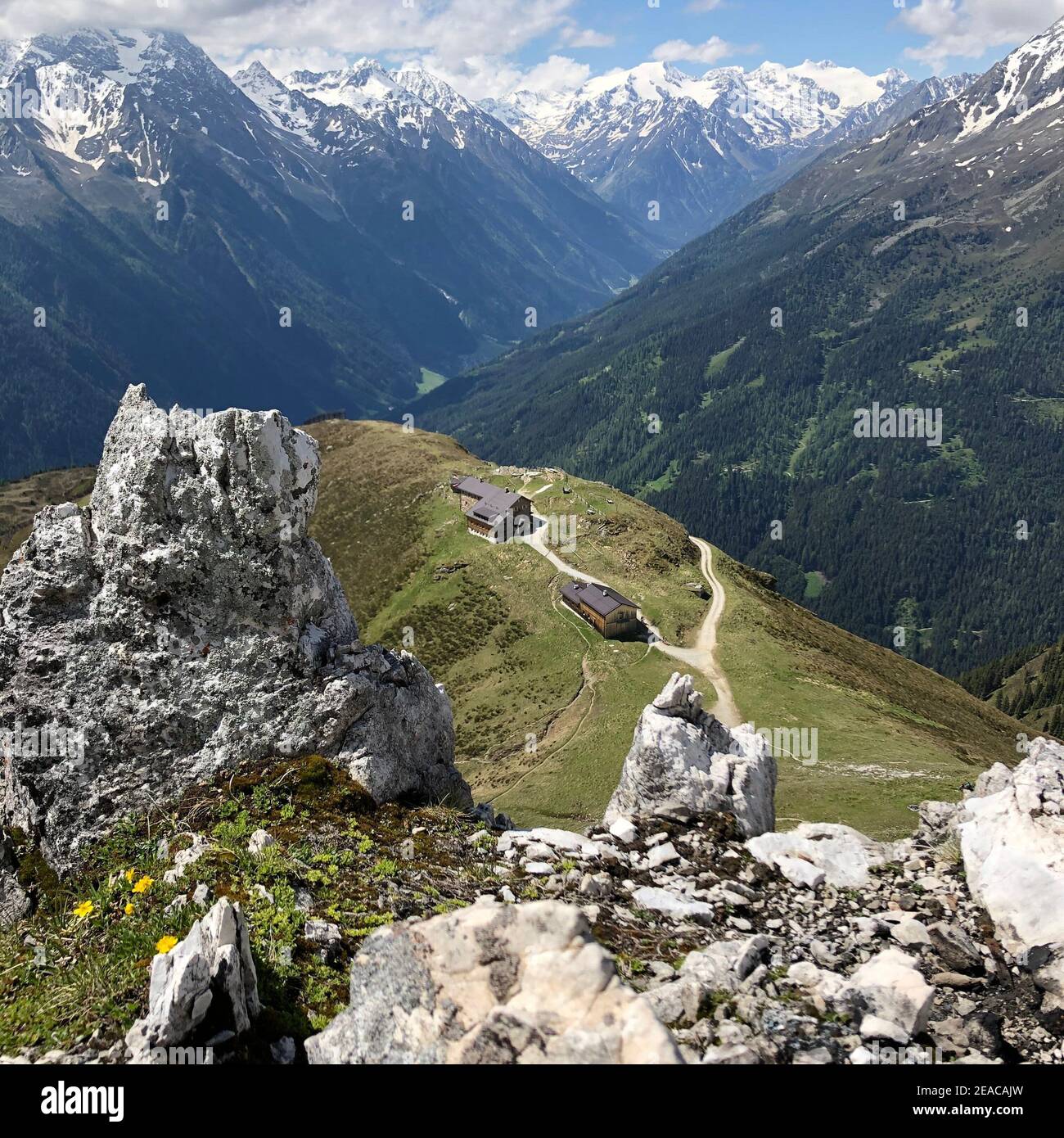 Veduta del Rifugio Starkenburger e del Ghiacciaio Stubai, natura, paesaggio, montagne, Stubaital, Oberbergtal, Tirolo, Austria Foto Stock