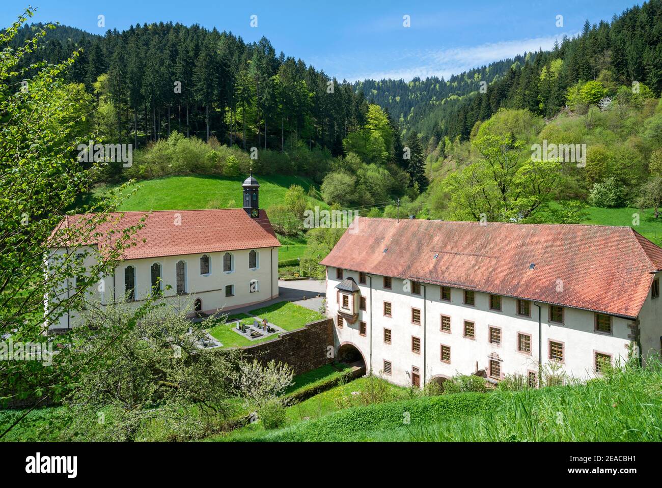 Germania, Baden-Wuerttemberg, Schenkenzell, Monastero di Wittichen, chiesa del monastero e navata centrale, oggi centro della comunità. Luitgard von Wittichen fu il fondatore dell'ex monastero della Claria povera nel 1324. E 'idilliamente situato in una valle laterale del Kleine Kinzig su Hansjakobweg nel Centro Foresta Nera / Parco Naturale Nord. Foto Stock