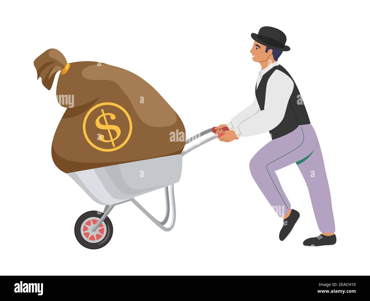 Uomo d'affari che spinge carriola con borsa di denaro, piatto vettore illustrazione. Un uomo di fortuna, banchiere ricco. Illustrazione Vettoriale
