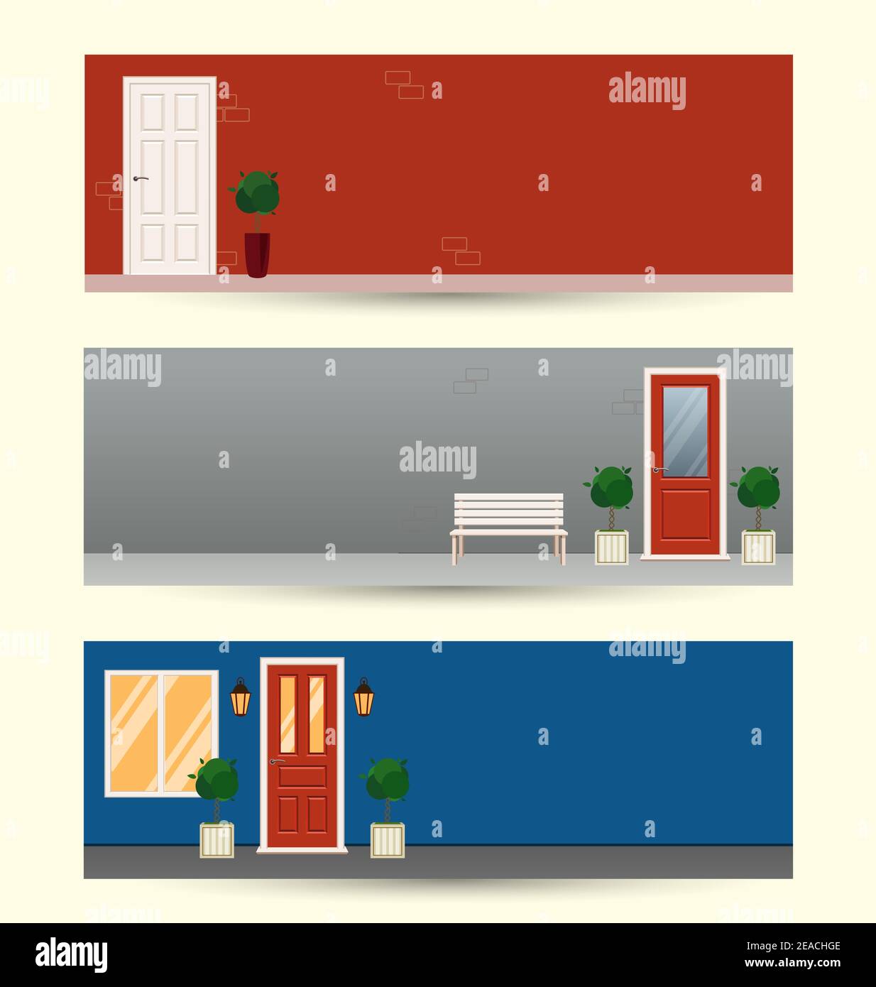 Set di striscioni con facciata di casa o ufficio e porte. Casa, ufficio o negozio della porta d'ingresso. Illustrazione vettoriale in stile piatto. Porta d'ingresso esterna Illustrazione Vettoriale