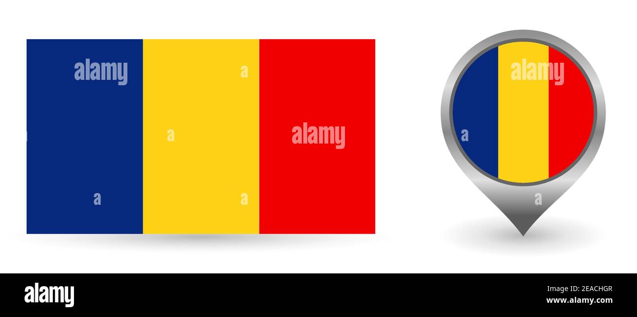 Bandiera vettoriale Romania. Punto di posizionamento con bandiera Romania all'interno. Simbolo di colore isolato su sfondo bianco. Illustrazione Vettoriale