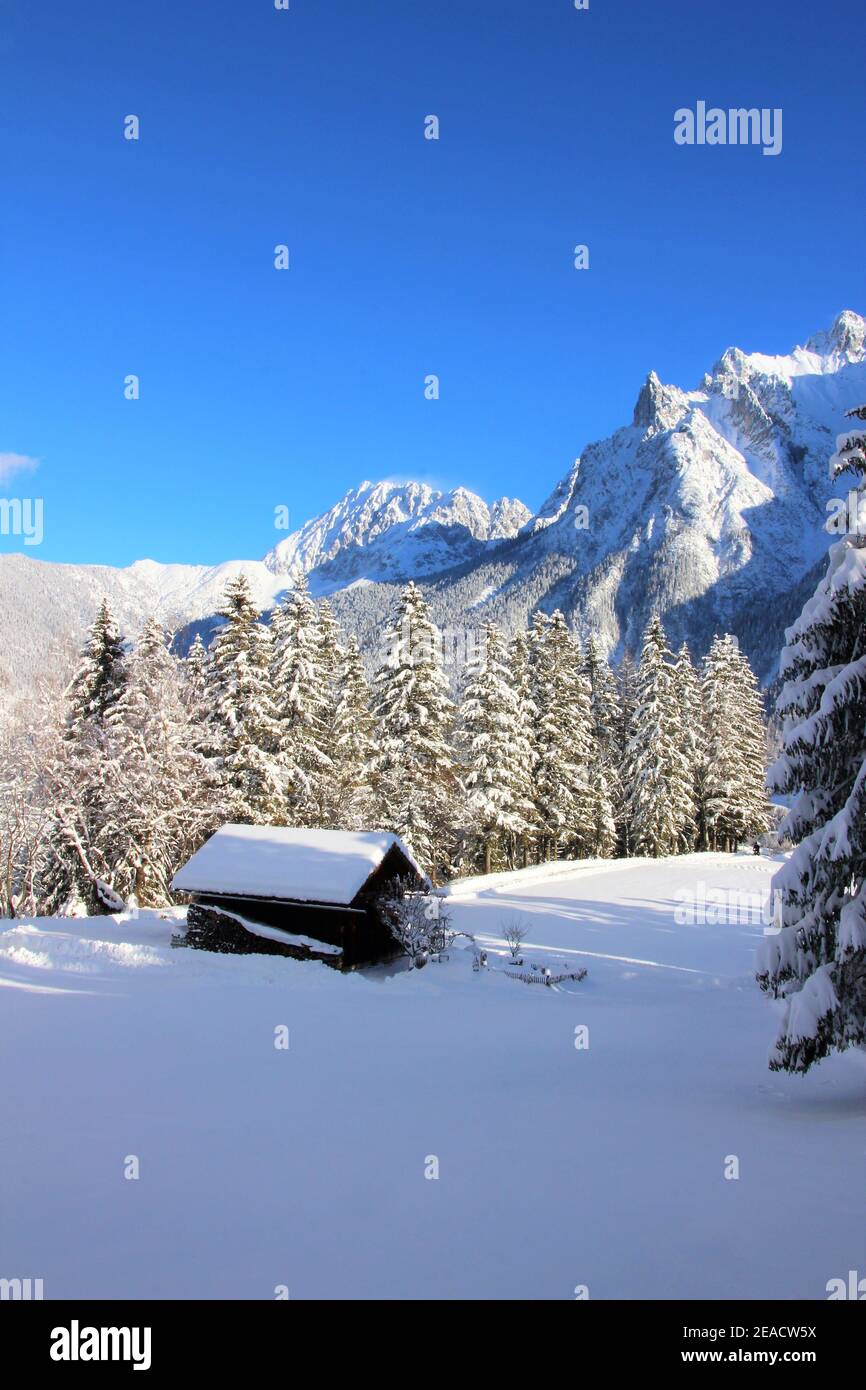Foresta invernale di fronte ai Monti Karwendel, Mittenwald, Werdenfelser Land, alta Baviera, Baviera, Germania meridionale, Germania, Europa Foto Stock