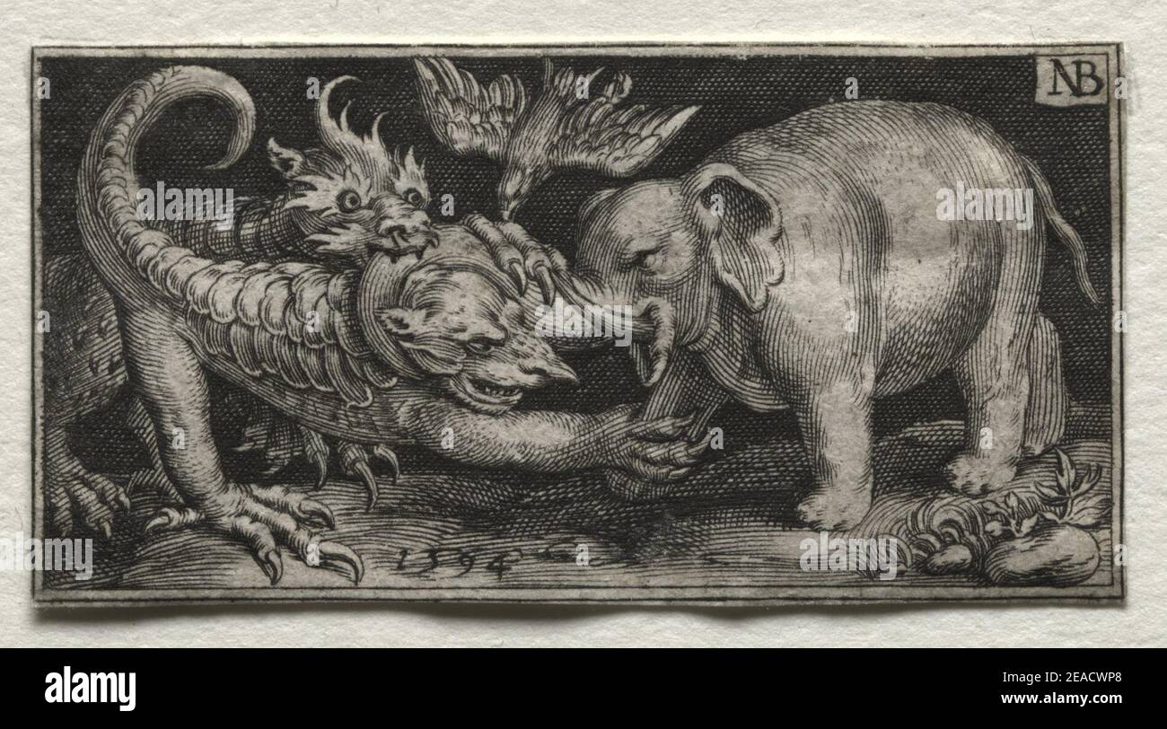 Nicolaes de Bruyn (Netherlandish, 1571-1656), A. van Londerseel - Elefante che combatte due bestie Foto Stock