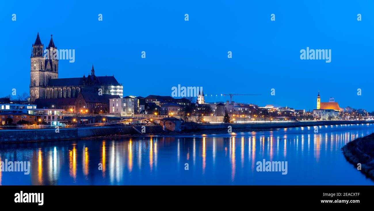 Germania, Sassonia-Anhalt, Magdeburgo, passeggiata dell'Elba con la Cattedrale di Magdeburgo durante l'ora blu. Foto Stock