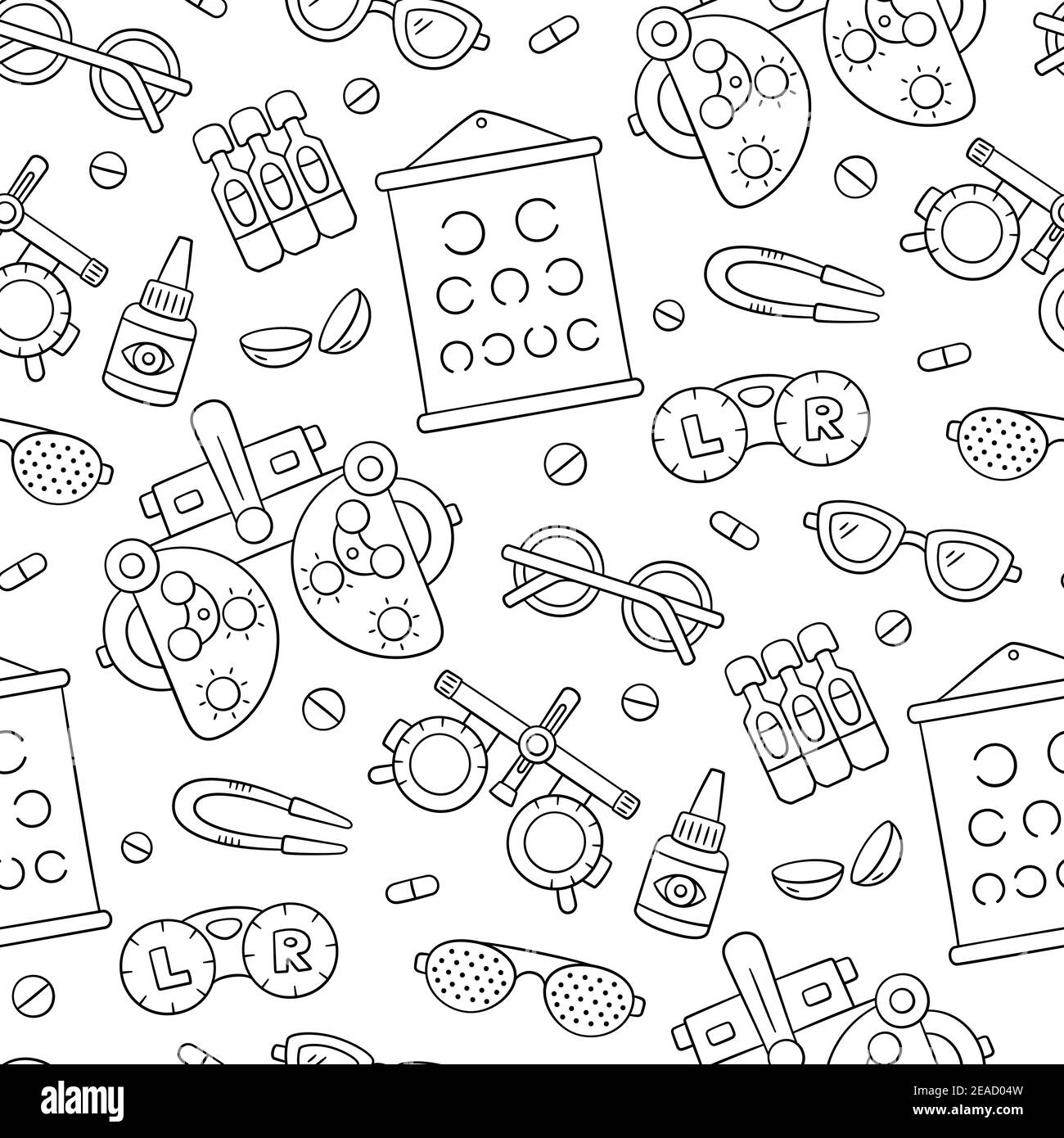 Set per oftalmologia disegnato a mano. Lenti a contatto, bulbo oculare, occhiali, foropter e altro ancora. Gli oggetti di doodle di Optometria Illustrazione Vettoriale