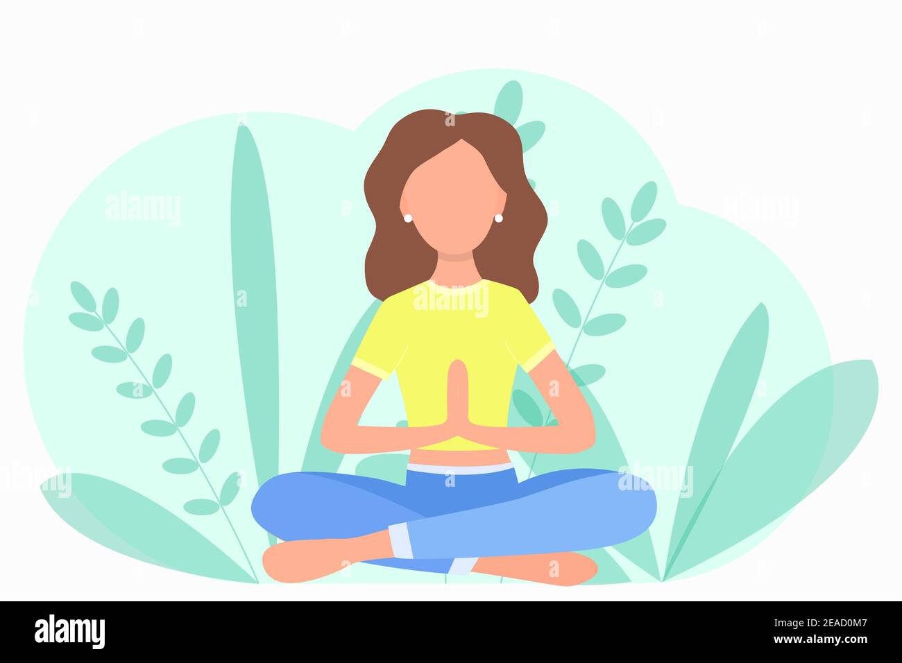 La ragazza in natura si siede nella posizione del loto. Vector, una donna è impegnata nello yoga. Auto-isolamento, sport in quarantena. Illustrazione piatta, concetto. Illustrazione Vettoriale