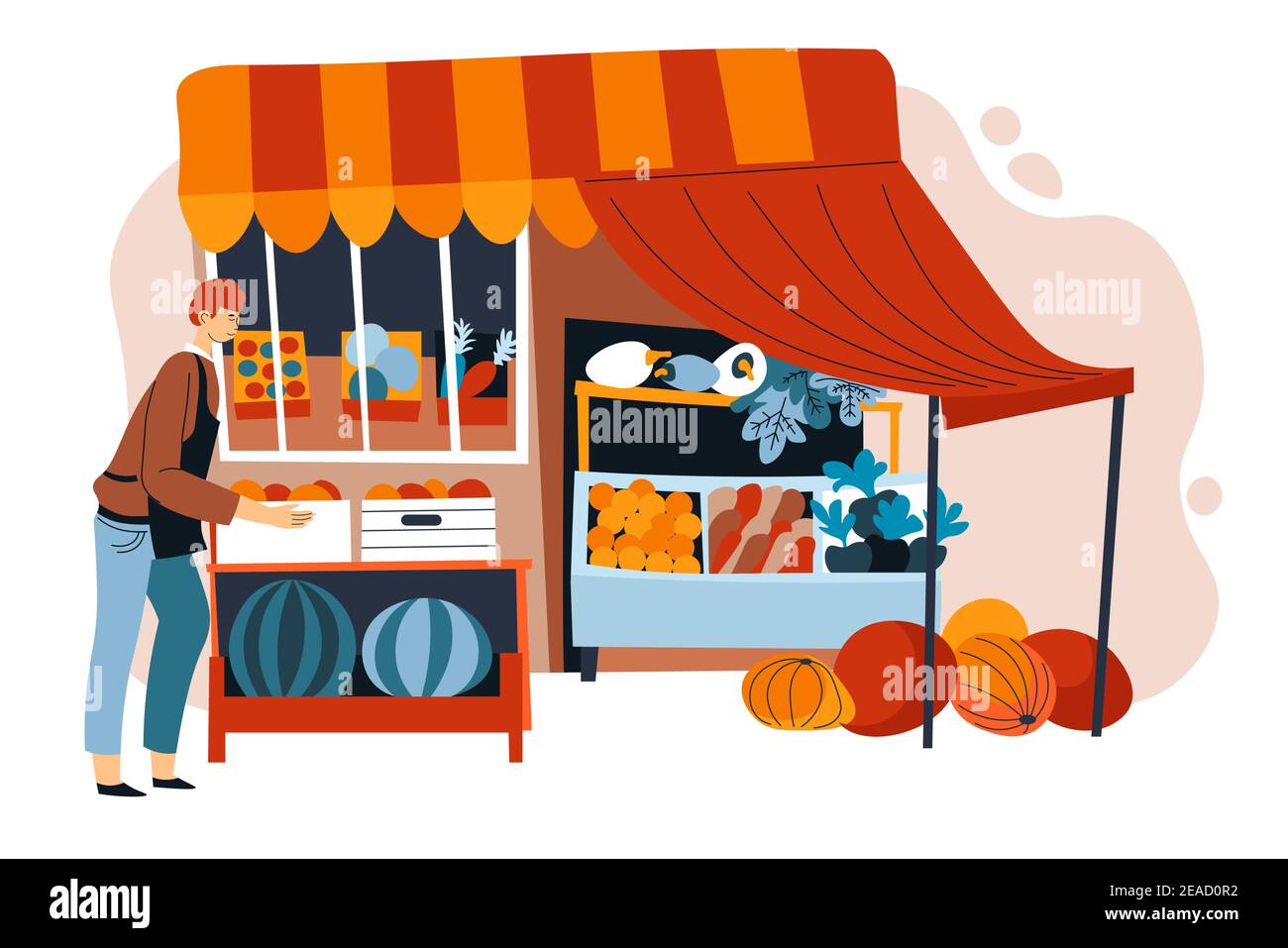 Mercato del deposito di cibo che vende frutta e verdura Illustrazione Vettoriale