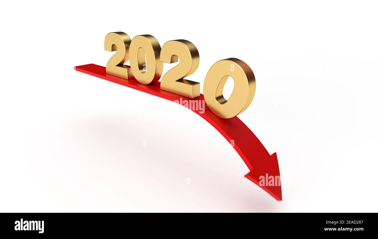 2020 concetto di crisi economica globale. 2020 caduta. Simbolo di caduta del mercato, fallimento, fallimento aziendale o crisi finanziaria. illustrazione del rendering 3d Foto Stock