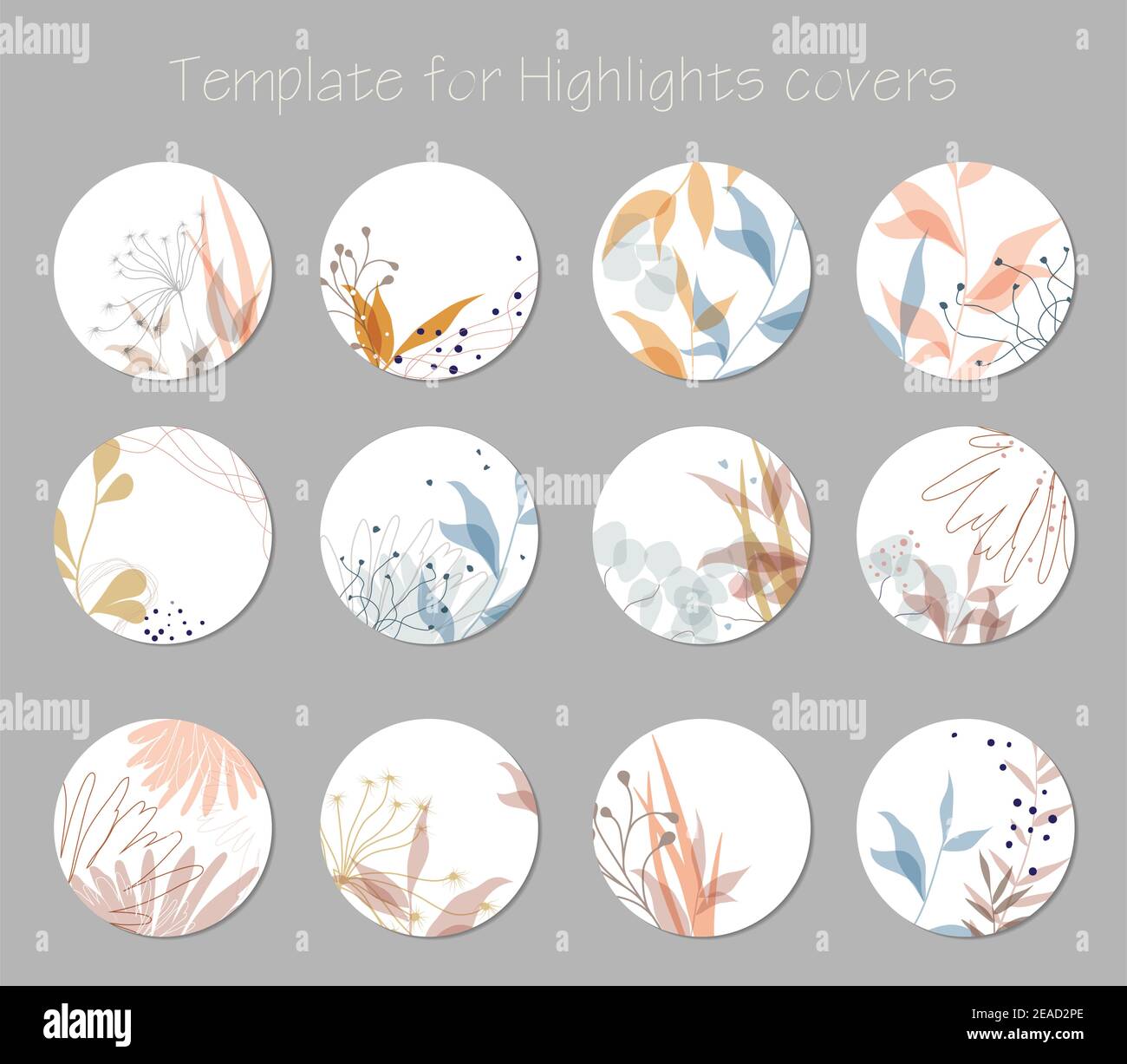 Serie di copertine di evidenziazione vettoriale. Sfondi astratti. Varie forme, linee, macchie, punti, fiori, foglie. Modelli disegnati a mano. Icone rotonde per i social Illustrazione Vettoriale