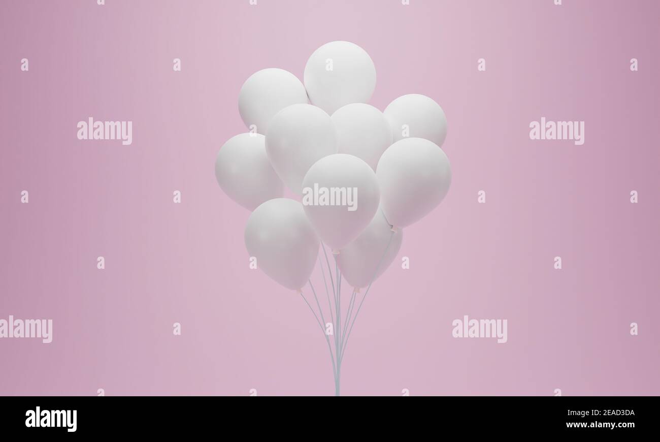 Palloncini bianchi su sfondo rosa pastello. Rendering 3D. Foto Stock