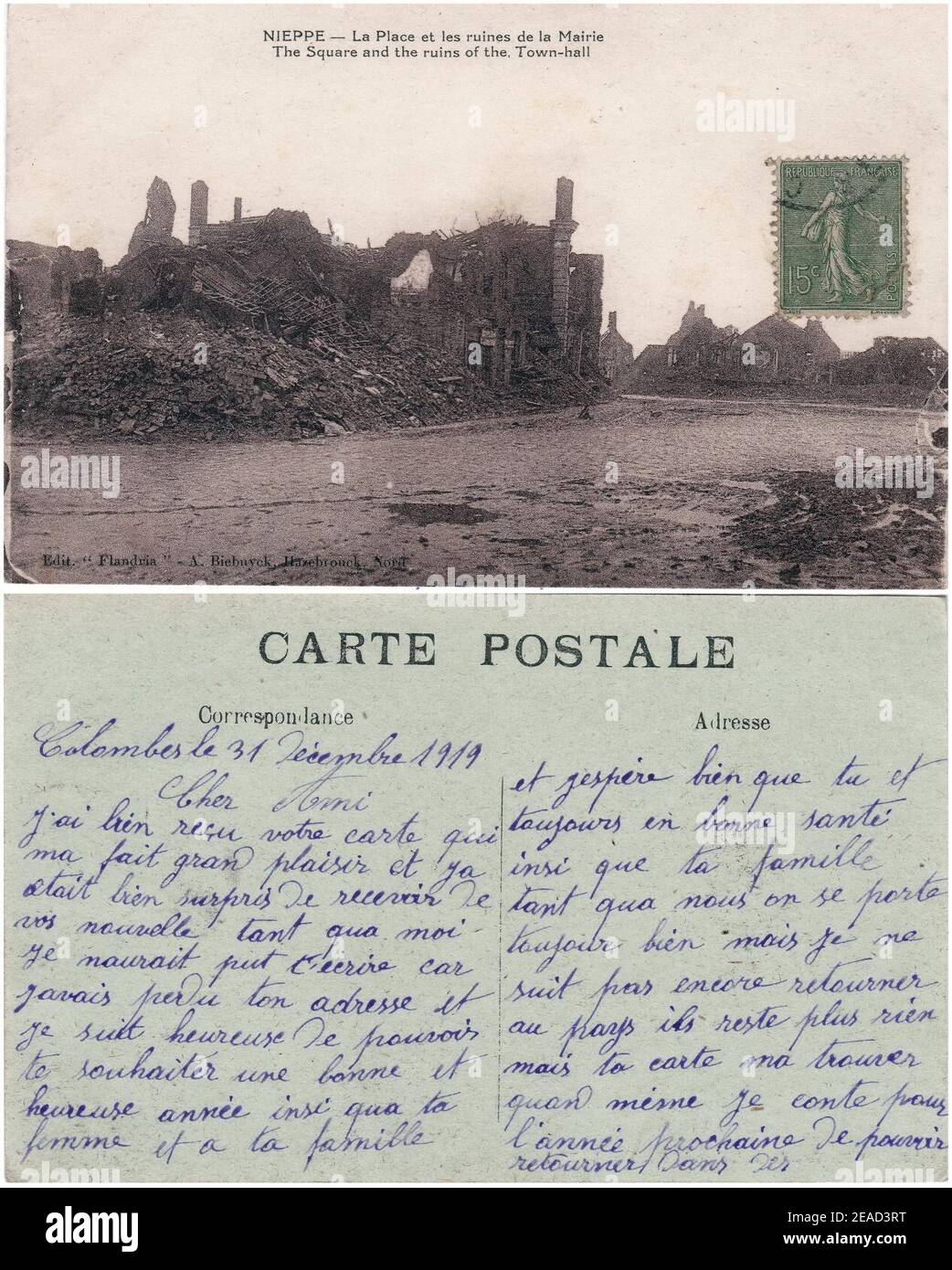 Nieppe - la Place et les Ruines de la Mairie - la piazza e le rovine del municipio. vº-rº. Foto Stock