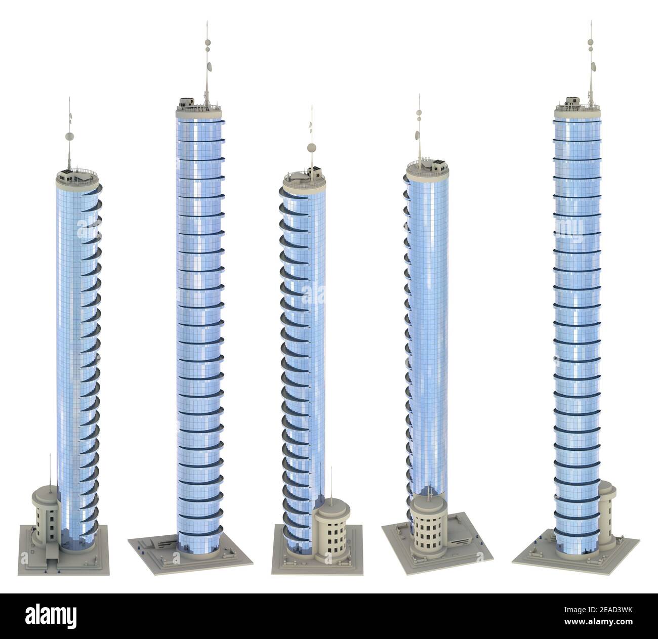 5 rendering di edifici di design immaginario con parcheggio in fondo con riflessi cielo nuvoloso - isolato, vista alta, illustrazione 3d dei grattacieli Foto Stock