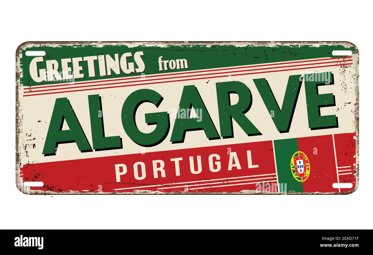 Saluti da Algarve vintage arrugginito piatto di metallo su uno sfondo bianco, illustrazione vettoriale Illustrazione Vettoriale