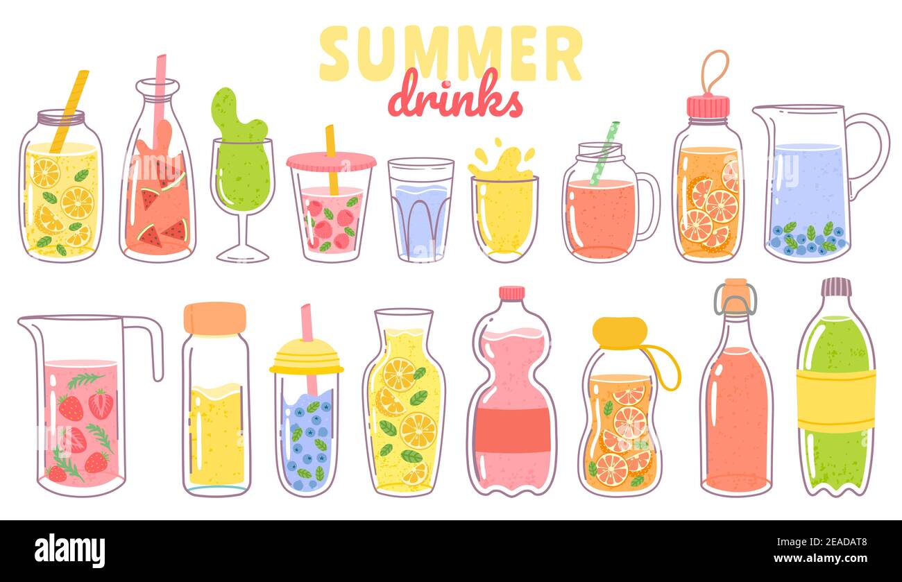 Succo di cartone animato e limonata. Rinfrescanti bevande estive con limone in vetro, bottiglia o caraffa. Set vettoriale per bevande a base di frutta o frutti di bosco e cocktail Illustrazione Vettoriale