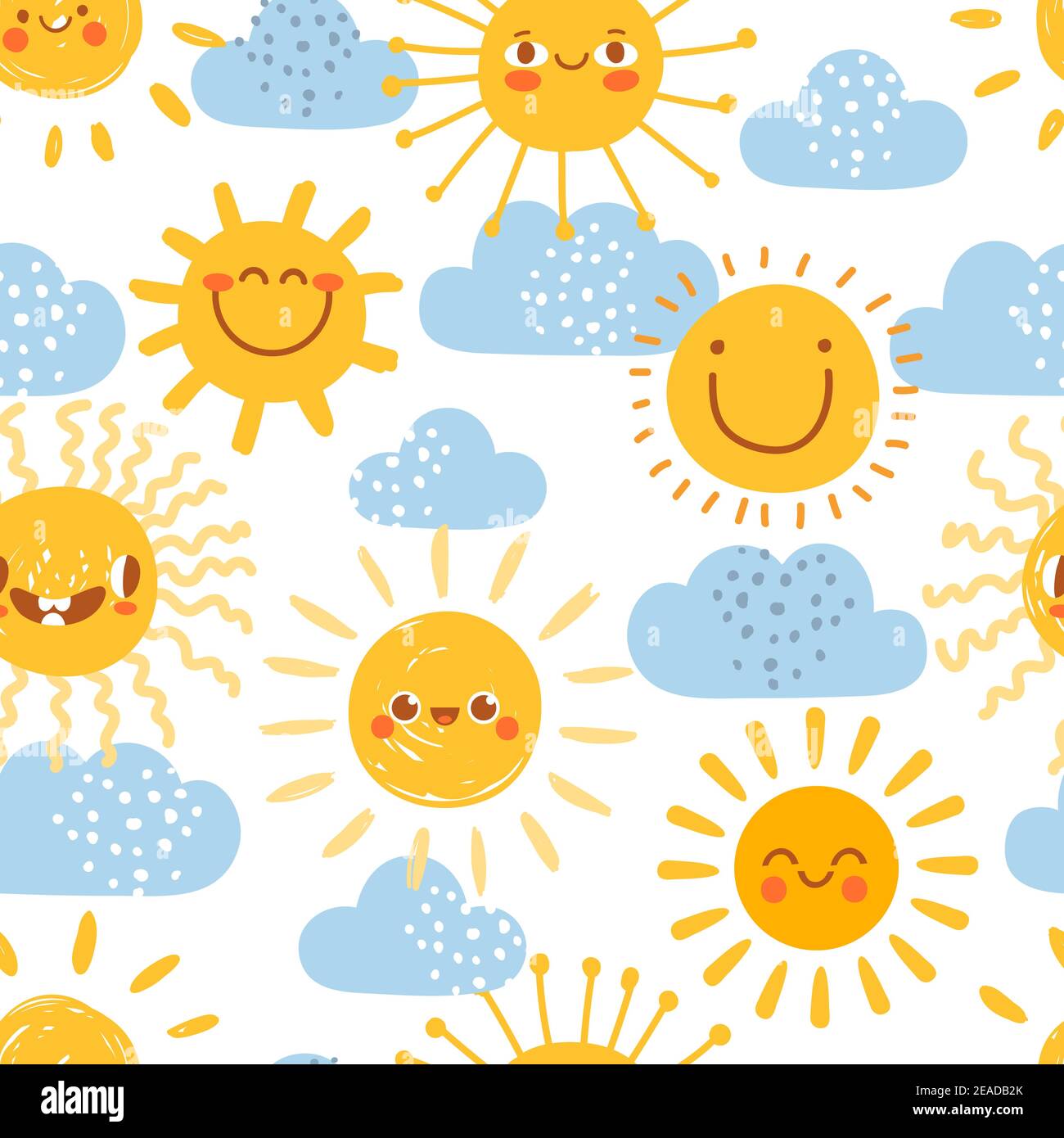 Fumetto sole modello senza giunture. Stampa per vivaio con estate soleggiato giorno cielo con nuvole. Cute baby Sunshine con divertente emoji facce vettore insieme Illustrazione Vettoriale