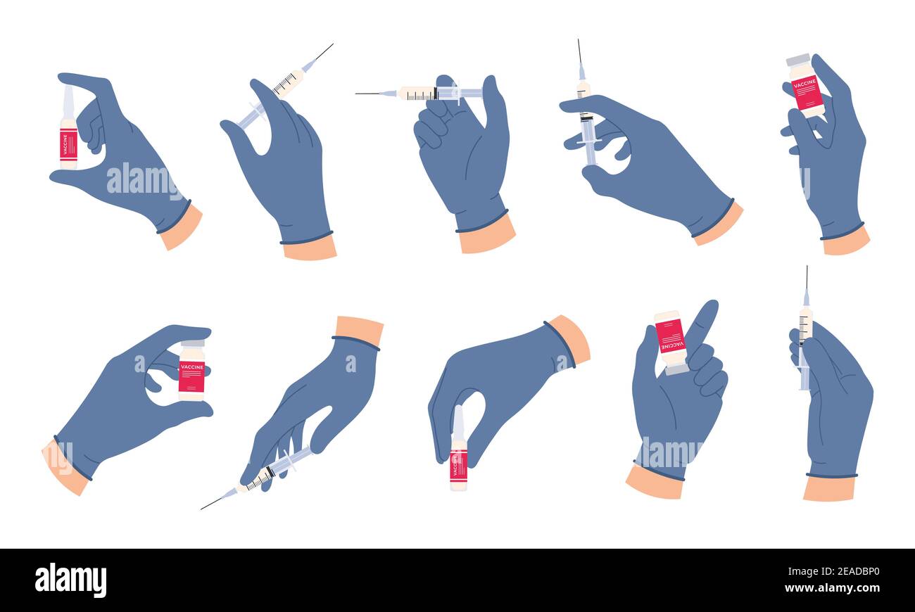 Il medico mani con il vaccino. La mano dell'infermiere nei guanti medici tiene la siringa e la fiala con il medicinale. Insieme di vettori di concetto di vaccinazione antinfluenzale o coviale Illustrazione Vettoriale