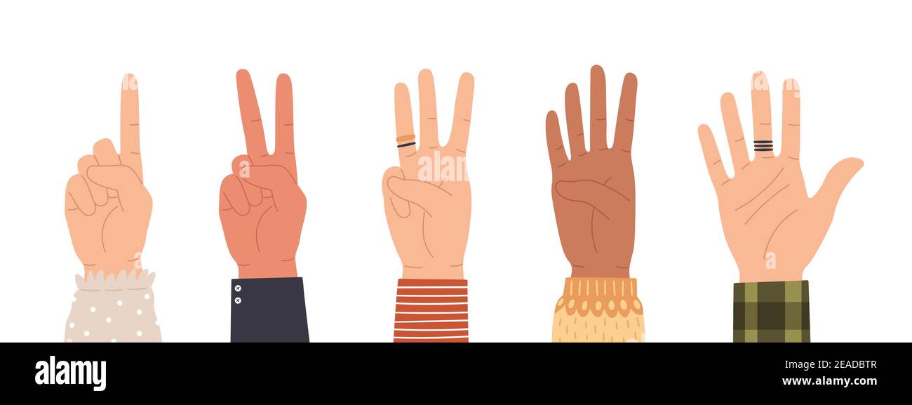 Conteggio mani. Contare sulle dita che mostrano il numero uno, due, tre, quattro e cinque. Icone a mano movimento conto alla rovescia in un set vettoriale di stile piatto alla moda Illustrazione Vettoriale