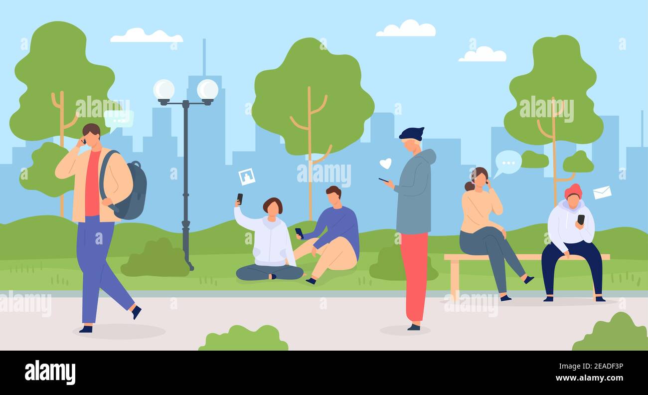 Persone con telefoni in città. Uomini e donne nel parco utilizzando gadget. Folla nella natura della città. Caratteri con concetto piatto vettoriale di tecnologia mobile Illustrazione Vettoriale