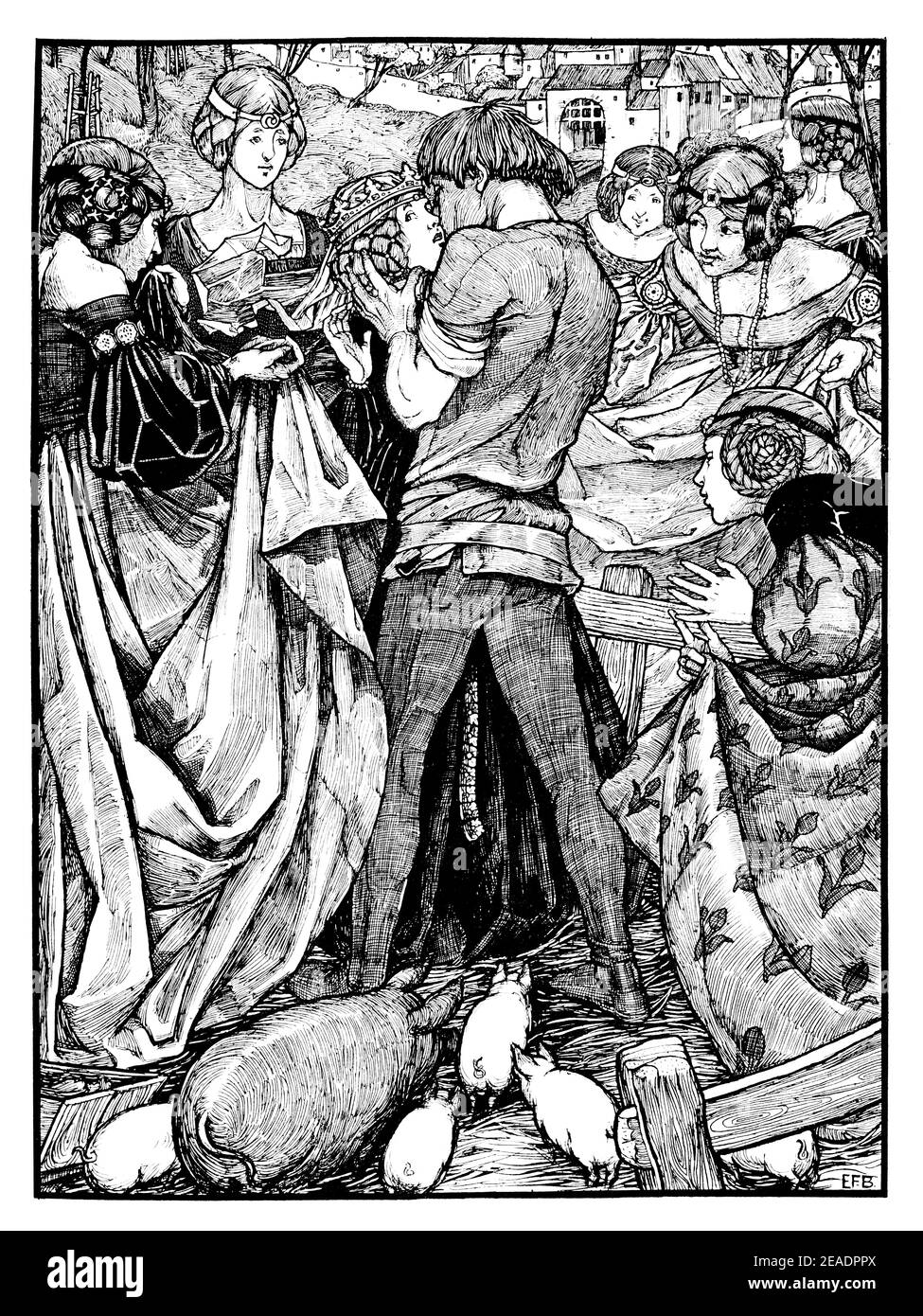 La Principessa e la Swineherd, design basato sulla favola di Hans Christian Andersen dell'artista e illustratore inglese Eleanor Fortescue-Brickdale nel 18 Foto Stock