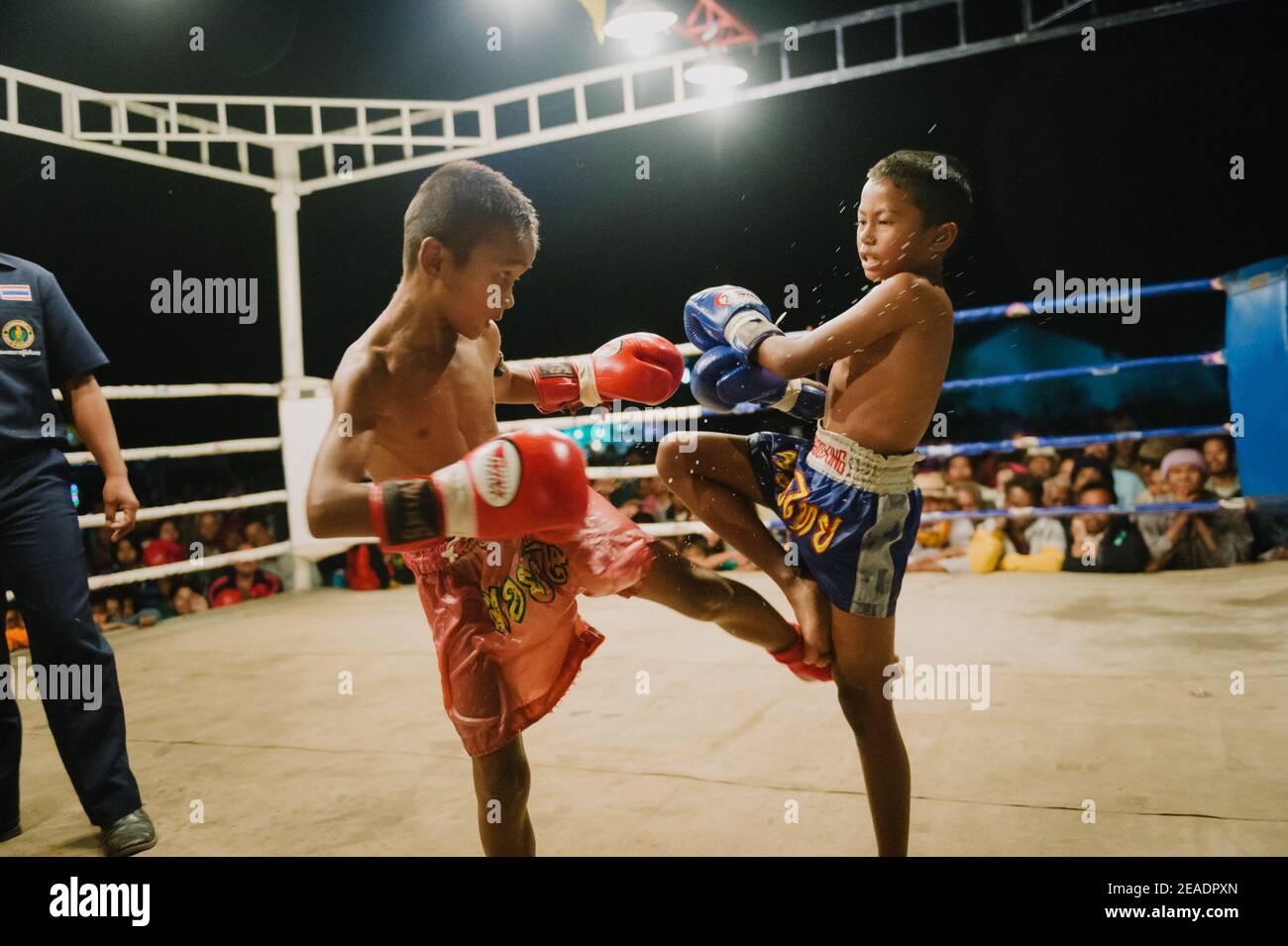 Muay Thai bambini durante la lotta Foto Stock