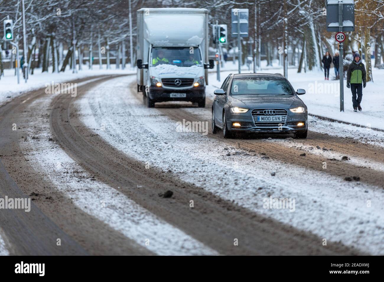 Edimburgo, Scozia. 9 feb 2021: Snow at the Meadows in Edinburgh This Morning Credit: David Coulson/Alamy Live News Foto Stock