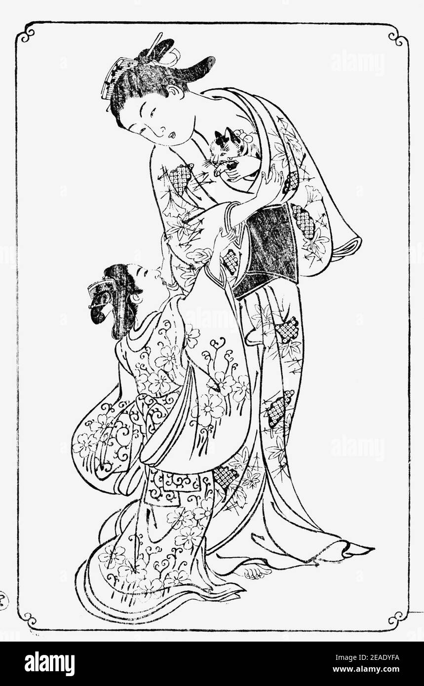 Nishikawa Sukenobu, 1739, Ehon Asakayama, 9 gris. Foto Stock