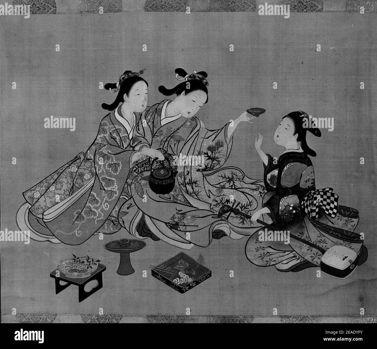 Nishikawa Sukenobu - tre ragazze che hanno il tè Foto Stock