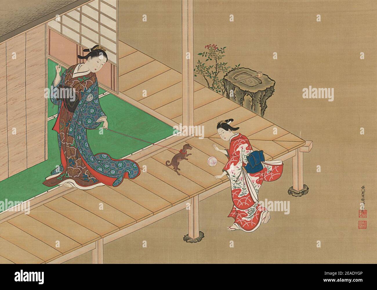 Nishikawa Sukenobu - cortigiana e assistente che giocano con un cane Foto Stock