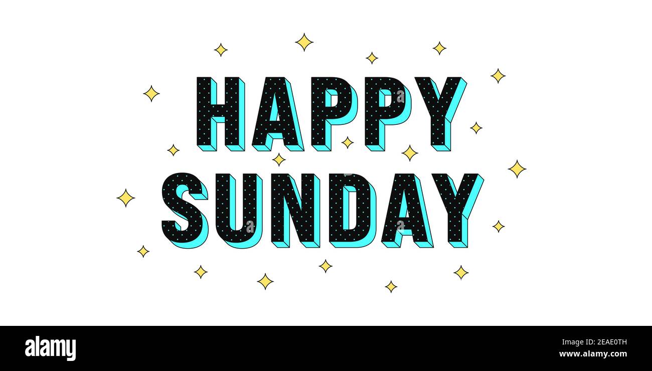 Poster Happy Sunday. Testo di saluto della Domenica felice, composizione di luccicante stella e lettere isometriche testurizzate da punti. Titolo, titolo e saluto Illustrazione Vettoriale