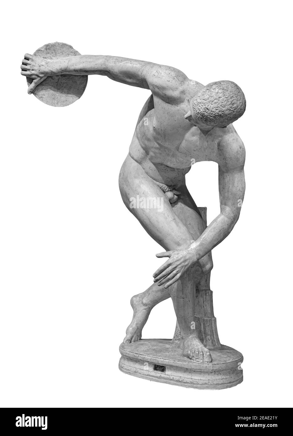 Discus lanciatore discobolo una parte degli antichi Giochi Olimpici. Una copia romana dell'originale greco in bronzo perduto. Isolato su bianco Foto Stock