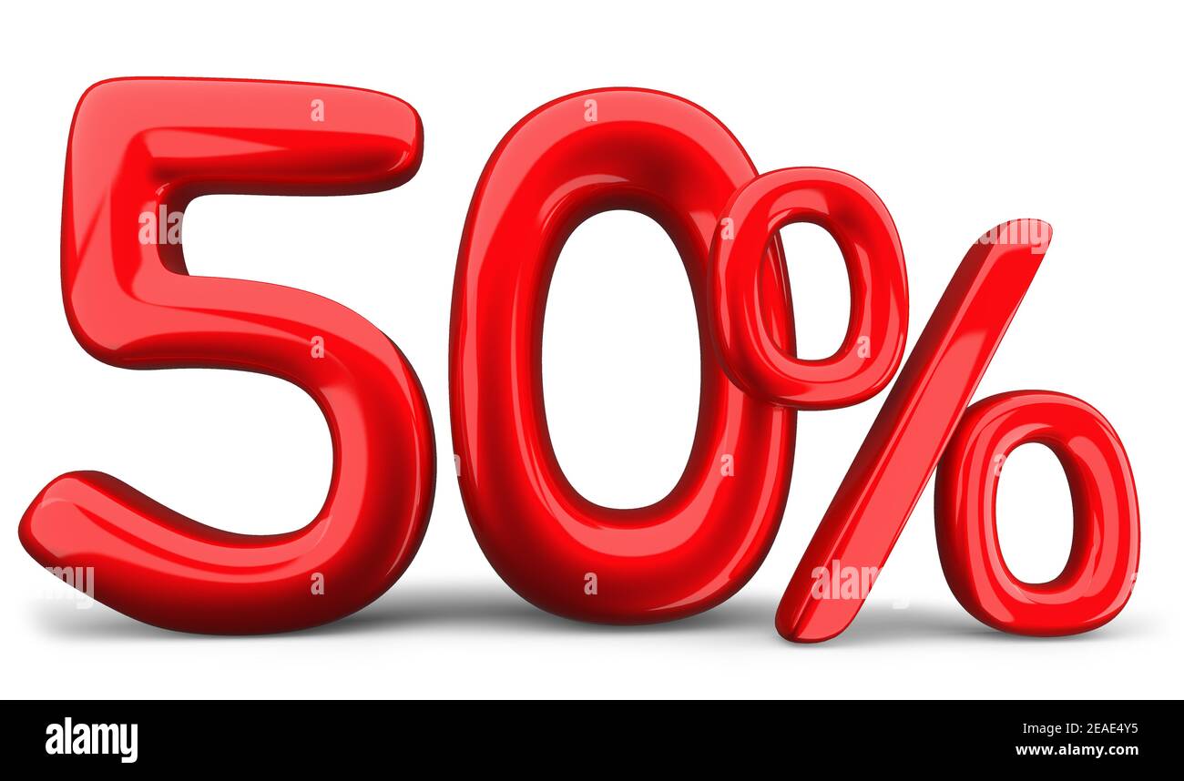 simbolo rosso cinquanta per cento, 50% su sfondo bianco, rendering 3d. Foto Stock