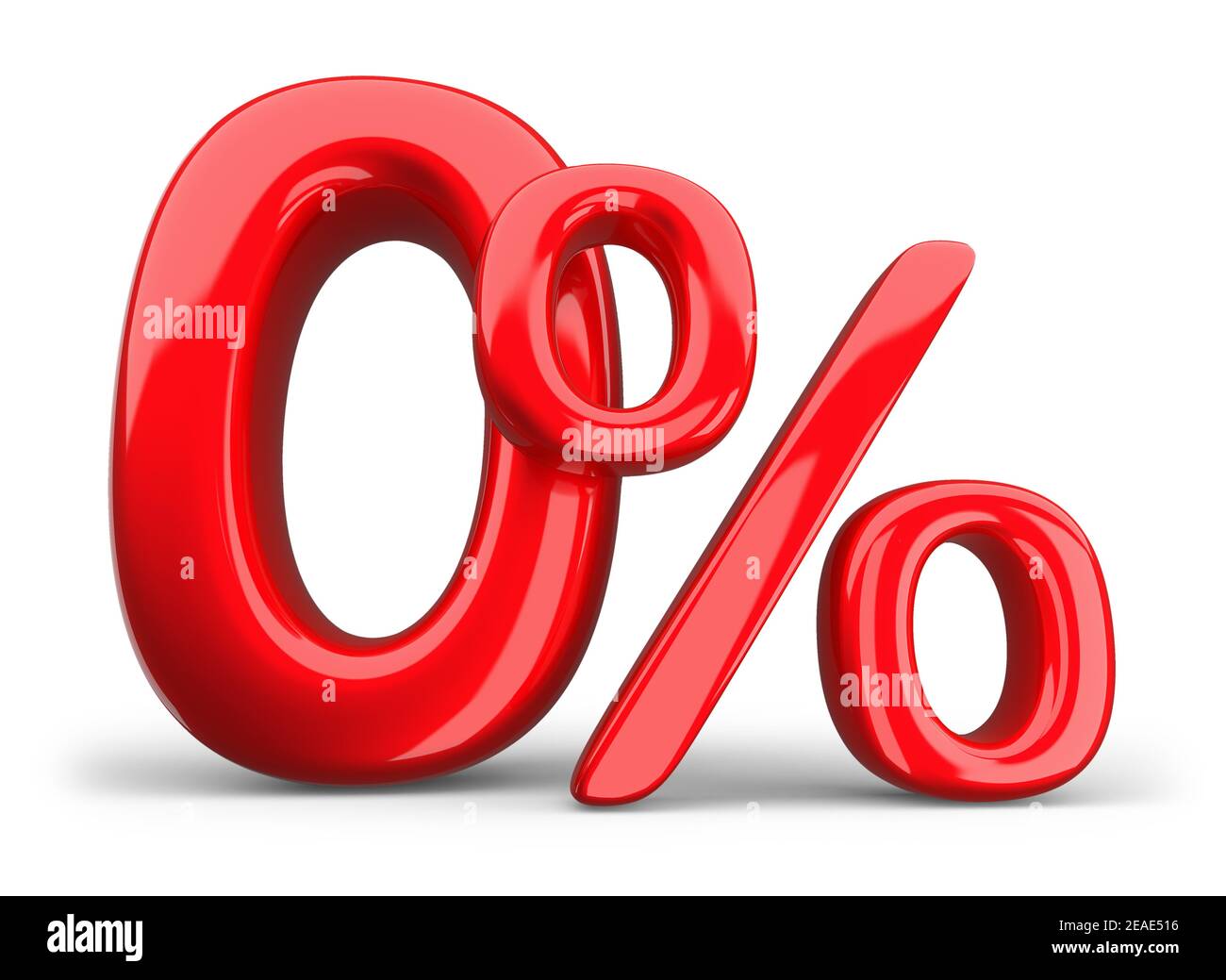 percentuale zero rossa, simbolo 0% su sfondo bianco, rendering 3d. Foto Stock