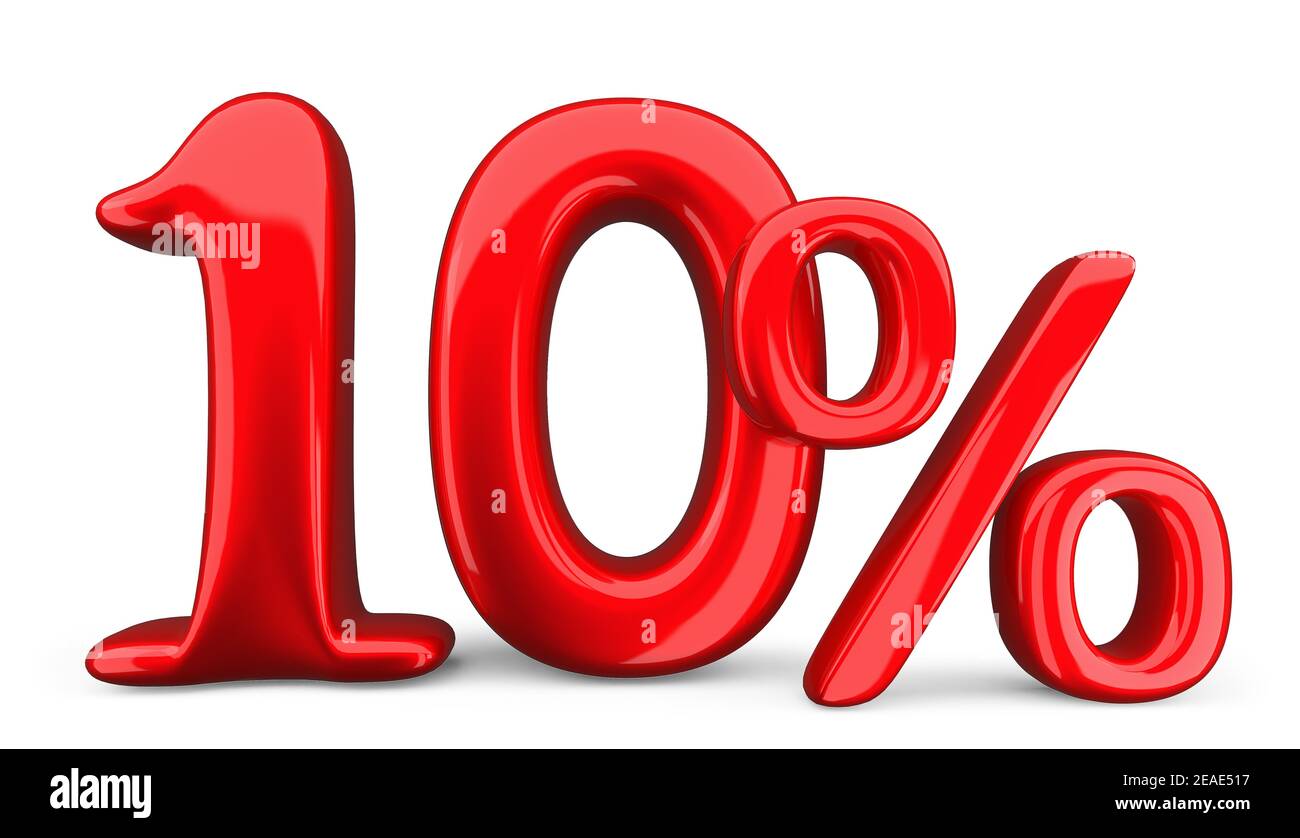 simbolo rosso del 10%, 10% su sfondo bianco, rendering 3d. Foto Stock