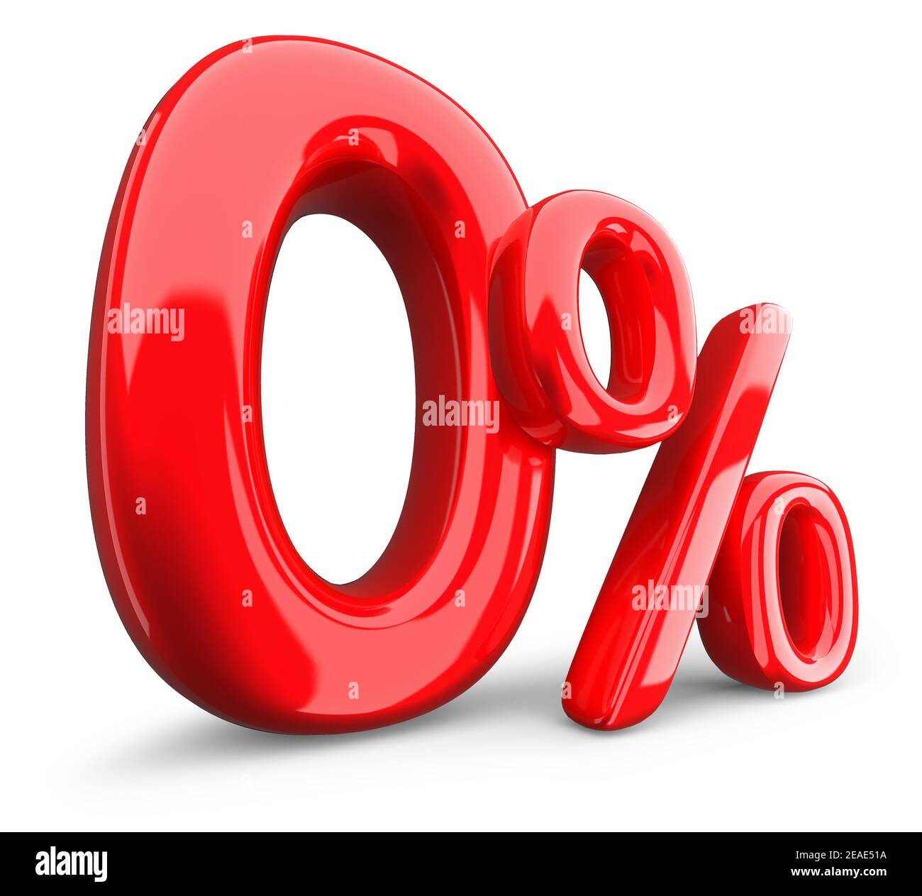 percentuale zero rossa, simbolo 0% su sfondo bianco, rendering 3d. Foto Stock